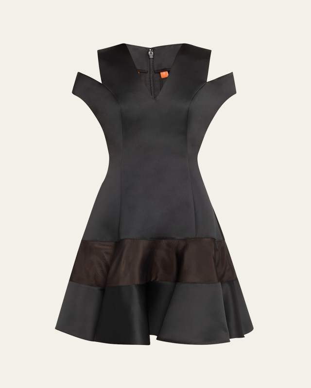 Shoulder Cut Out Flounce Satin Organza Dress